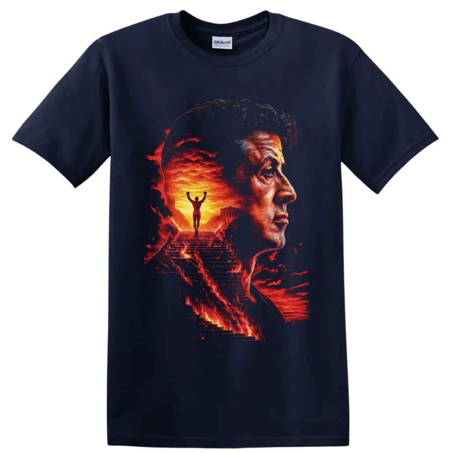 Rocky Balboa portrait with fiery Philadelphia steps and victorious boxer artwork on a Navy (Blue) T Shirt