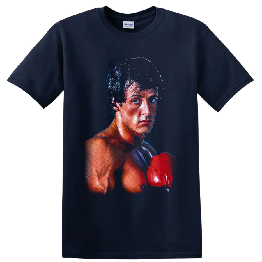 Rocky Balboa boxing portrait with a raised red glove in dramatic blue and red shading on a Navy (Blue) T Shirt