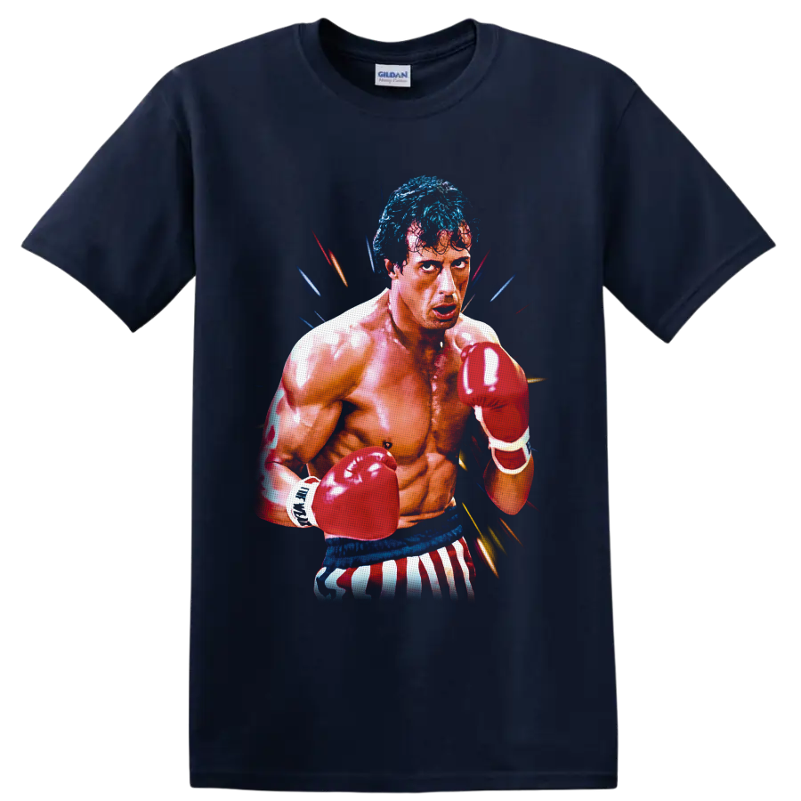 Rocky Balboa boxing portrait with red gloves, striped trunks, and colorful action streaks on a Navy (Blue) T Shirt
