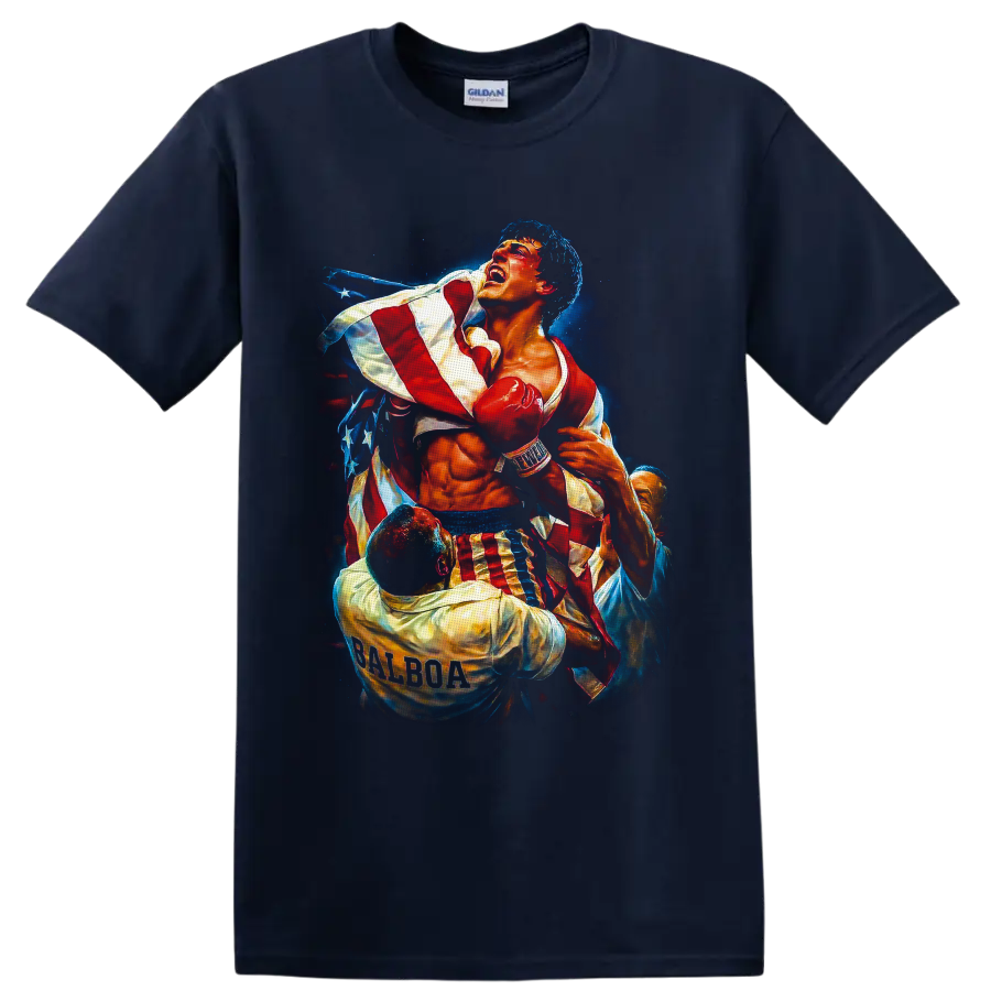 Rocky Balboa boxer in red gloves with an American flag and starry painterly backdrop on a Navy (Blue) T Shirt