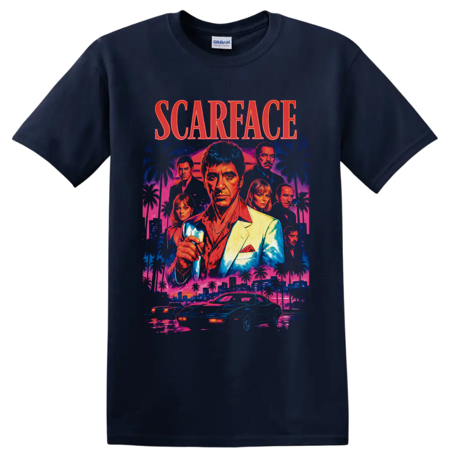 Scarface neon collage with Tony Montana, Elvira Hancock, palms, Miami skyline, and cars on a Navy (Blue) T Shirt