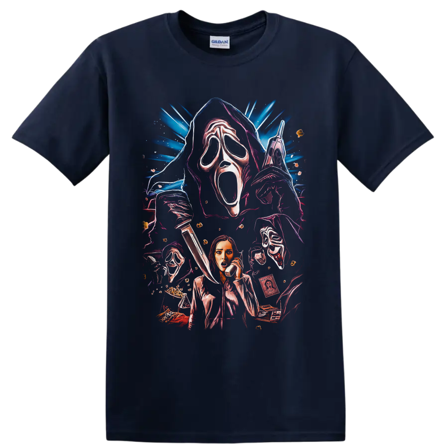 Ghostface and Sidney Prescott neon slasher collage with masks, knife, and phone on a Navy (Blue) T Shirt
