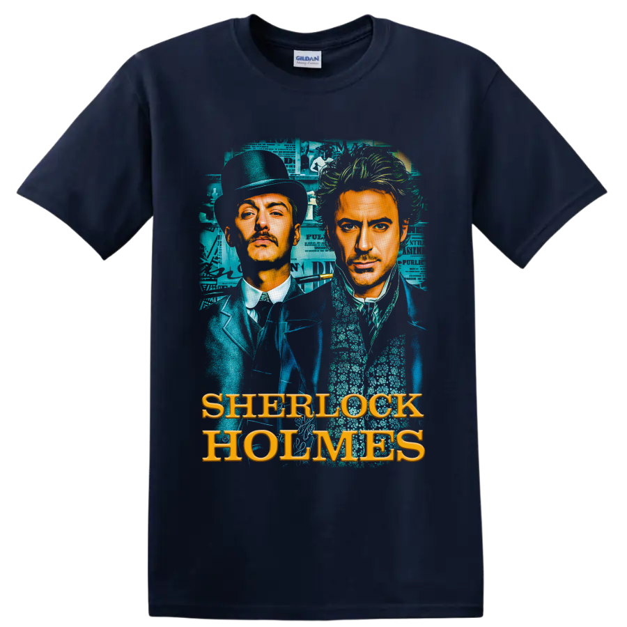 Sherlock Holmes and Dr. Watson Victorian portrait with teal collage and gold lettering on a Navy (Blue) T Shirt