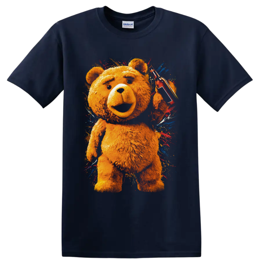 Ted bear holding red sunglasses and cup in colorful paint-splash graphic art on a Navy (Blue) T Shirt