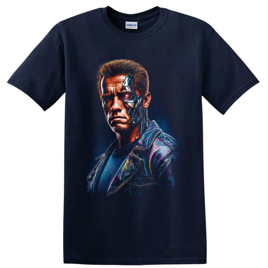 T-800 cybernetic half-human portrait with glowing red eye in neon sci-fi art on a Navy (Blue) T Shirt