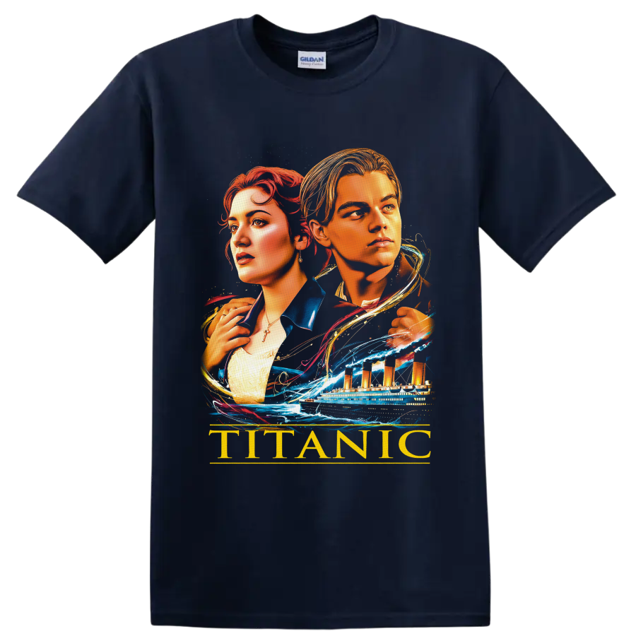 Jack and Rose Titanic portrait with ocean liner, waves, and gold TITANIC text on a Navy (Blue) T Shirt