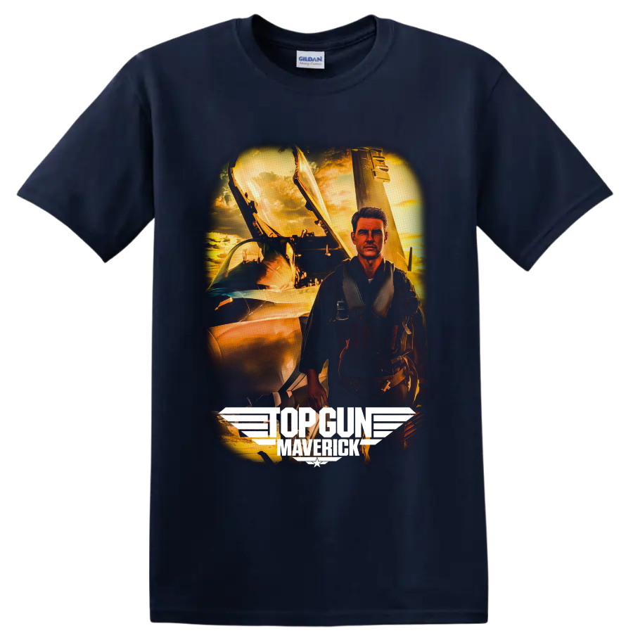 Pete Maverick Mitchell fighter pilot with jet and Top Gun Maverick sunset artwork on a Navy (Blue) T Shirt