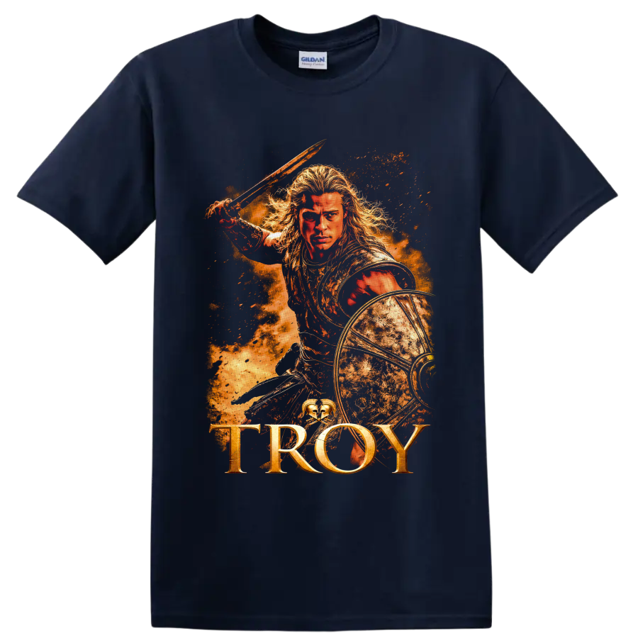 Achilles from Troy warrior with sword, round shield, fiery battle art, and TROY text on a Navy (Blue) T Shirt