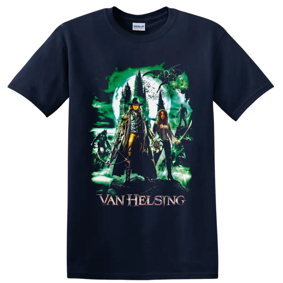 Gabriel Van Helsing and Anna Valerious gothic moonlit castle fantasy artwork on a Navy (Blue) T Shirt