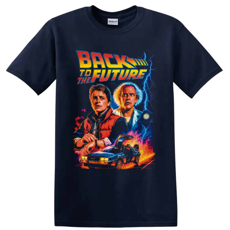 Back to the Future Marty McFly and Doc Brown lightning car graphic on a Navy (Blue) T Shirt