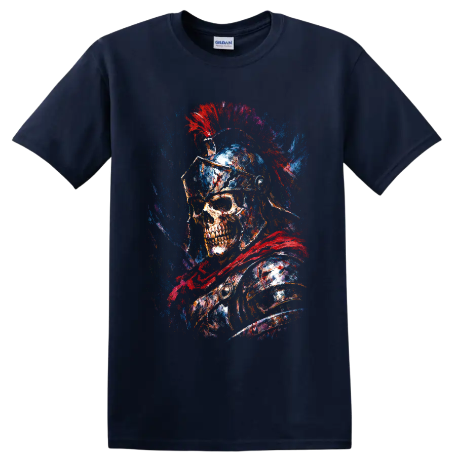 Roman gladiator skull warrior with crested helmet and red blue paint splatter art on a Navy (Blue) T Shirt