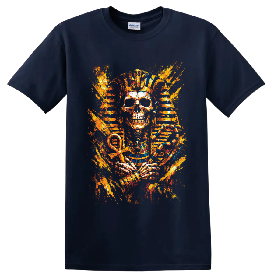 Egyptian pharaoh skull with cobra, ankh, striped headdress, and fiery painterly bursts on a Navy (Blue) T Shirt