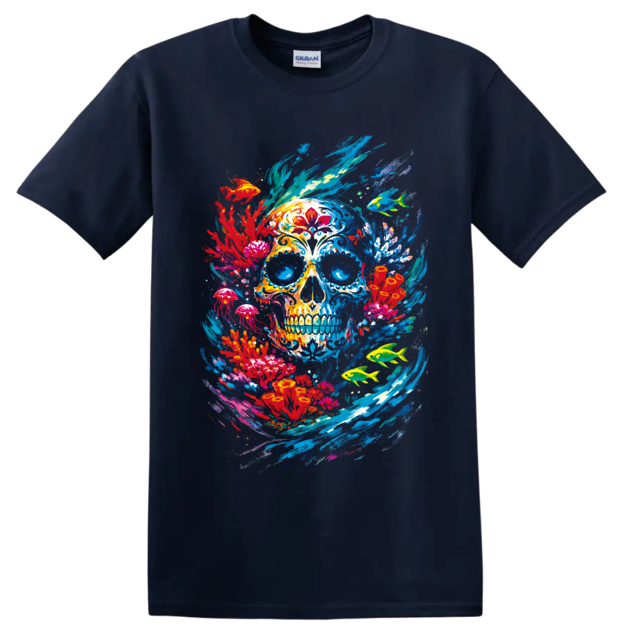 Colorful Day of the Dead-inspired skull with tropical fish, jellyfish, and ocean on a Navy (Blue) T Shirt