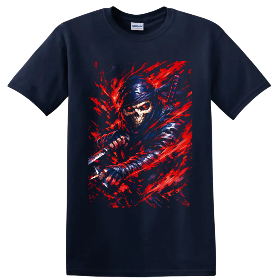 Blue-hooded skull warrior wielding a sword amid red brushstroke fantasy art on a Navy (Blue) T Shirt