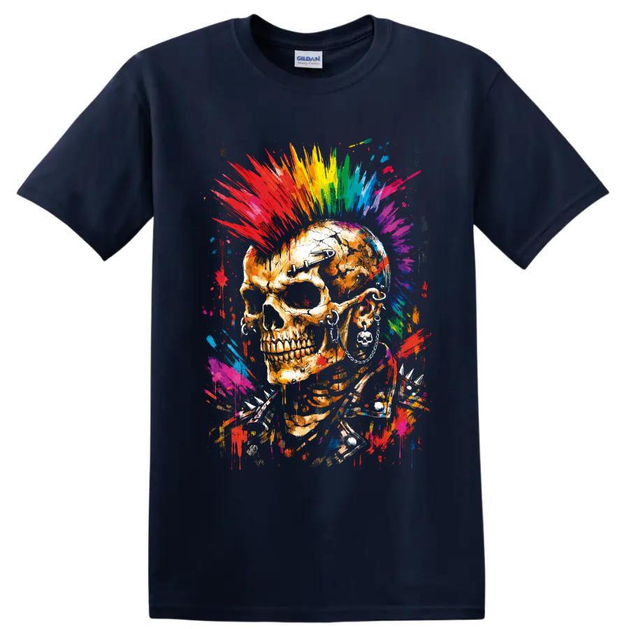 Punk rock skull with rainbow graffiti mohawk, dark eyewear, earrings, and spikes on a Navy (Blue) T Shirt