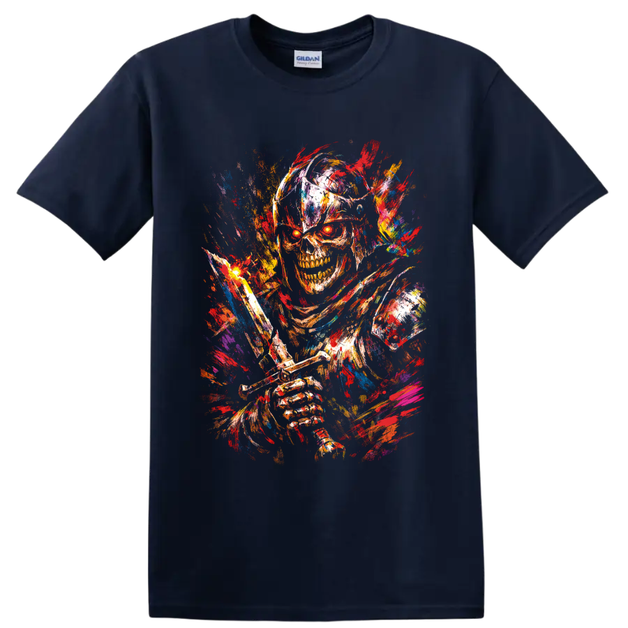 Colorful paint splatter skull and skeleton horror illustration on a Navy (Blue) T Shirt