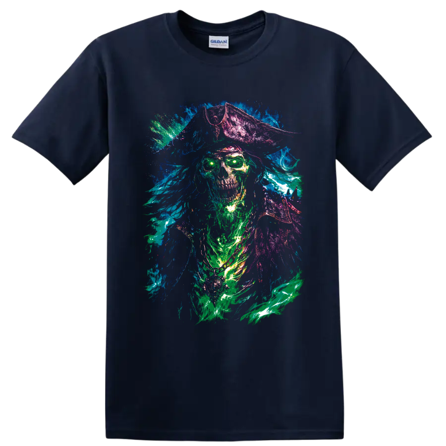 Neon undead pirate skull in a tricorn hat with glowing eyes and paint splashes on a Navy (Blue) T Shirt