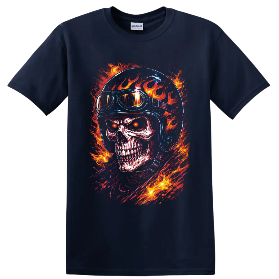 Flaming skull in motorcycle helmet and goggles with neon blue details and blazing fire on a Navy (Blue) T Shirt