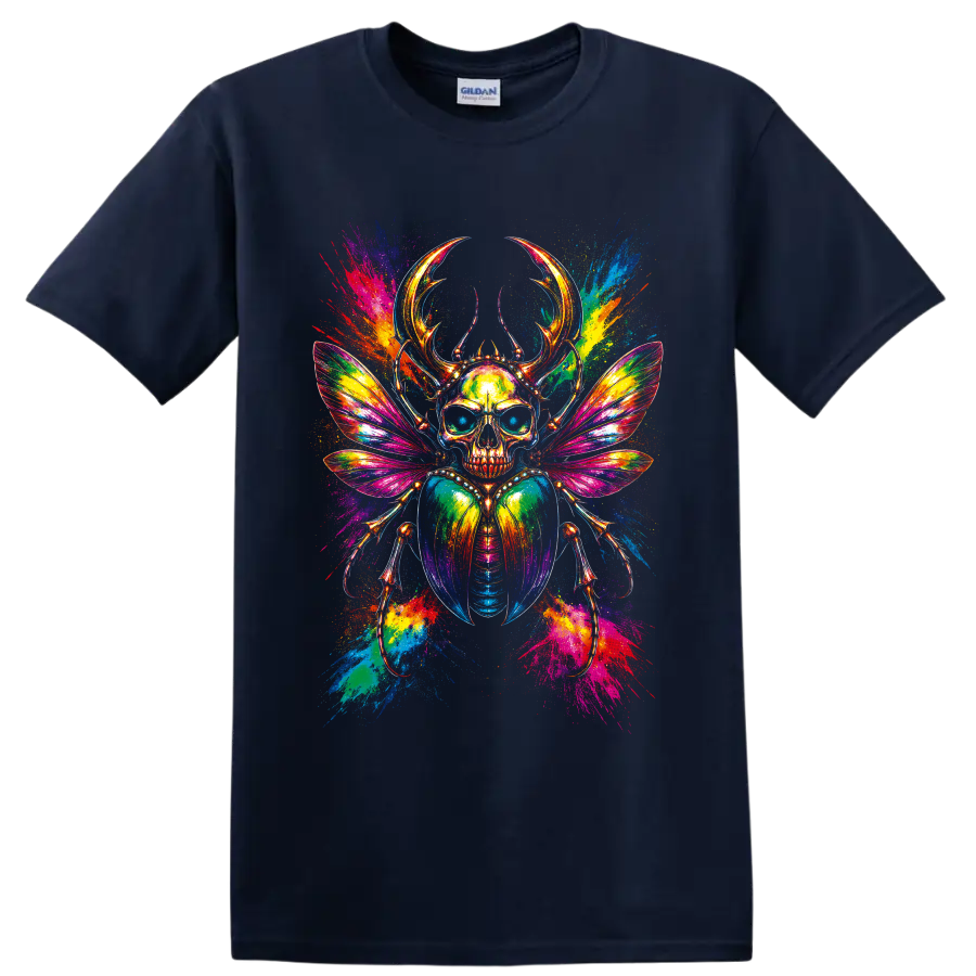 Psychedelic skull scarab beetle with rainbow wings and neon paint splatters on a Navy (Blue) T Shirt