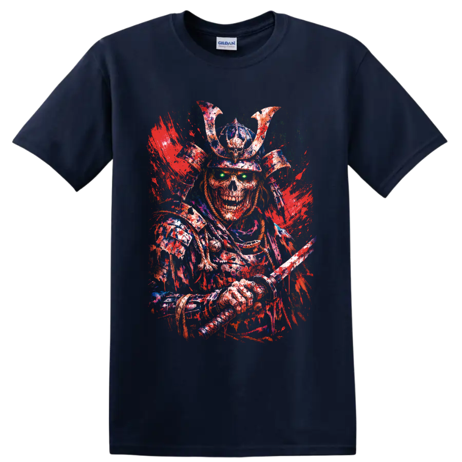Distressed skeleton samurai warrior with horned helmet, katana, and glowing green eyes on a Navy (Blue) T Shirt