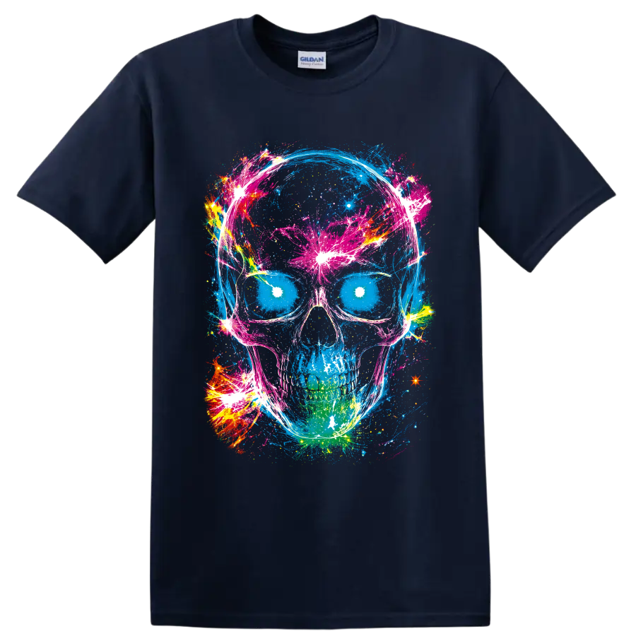 Neon blue skull with pink paint splatters, abstract brushstrokes, and bright bursts on a Navy (Blue) T Shirt