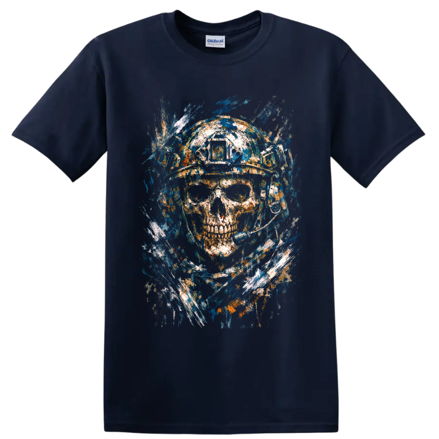 Distressed astronaut skull in a space helmet with blue and orange cosmic paint splashes on a Navy (Blue) T Shirt