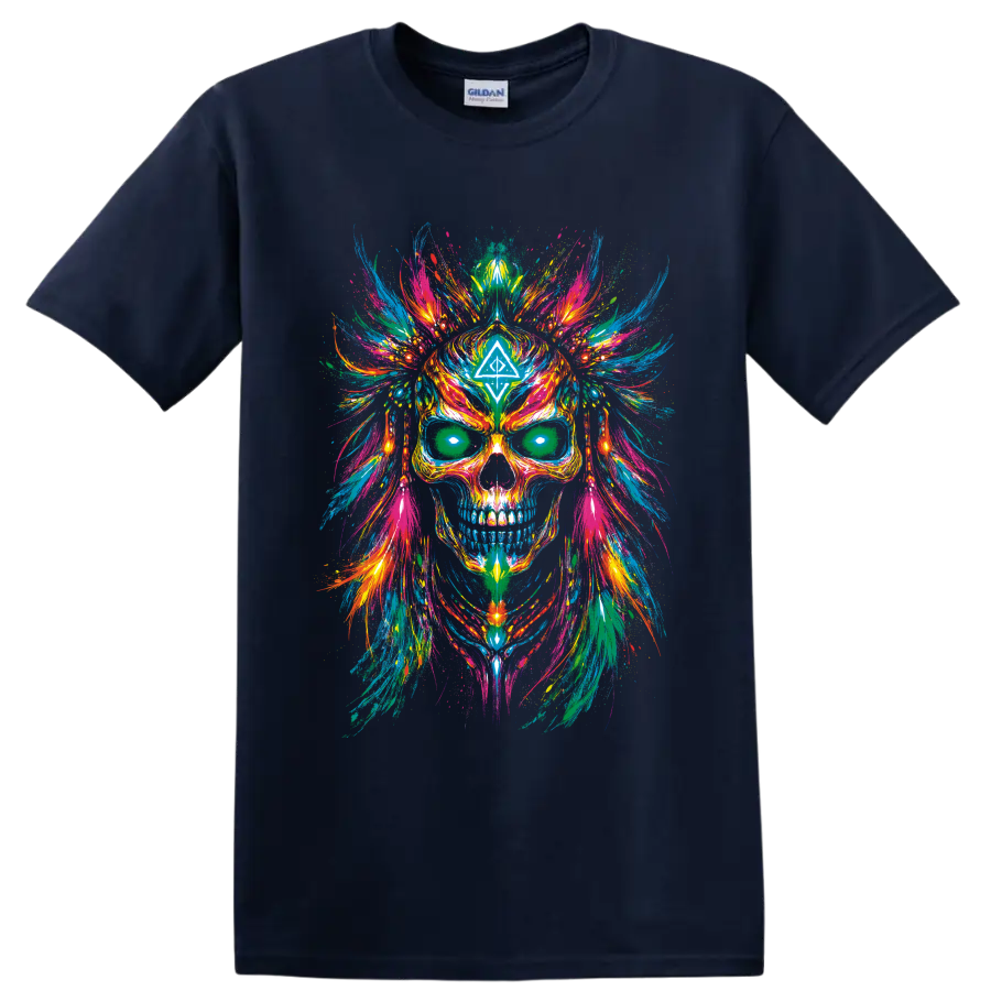 Psychedelic skull with colorful symmetrical paint splashes and geometric forehead symbol on a Navy (Blue) T Shirt
