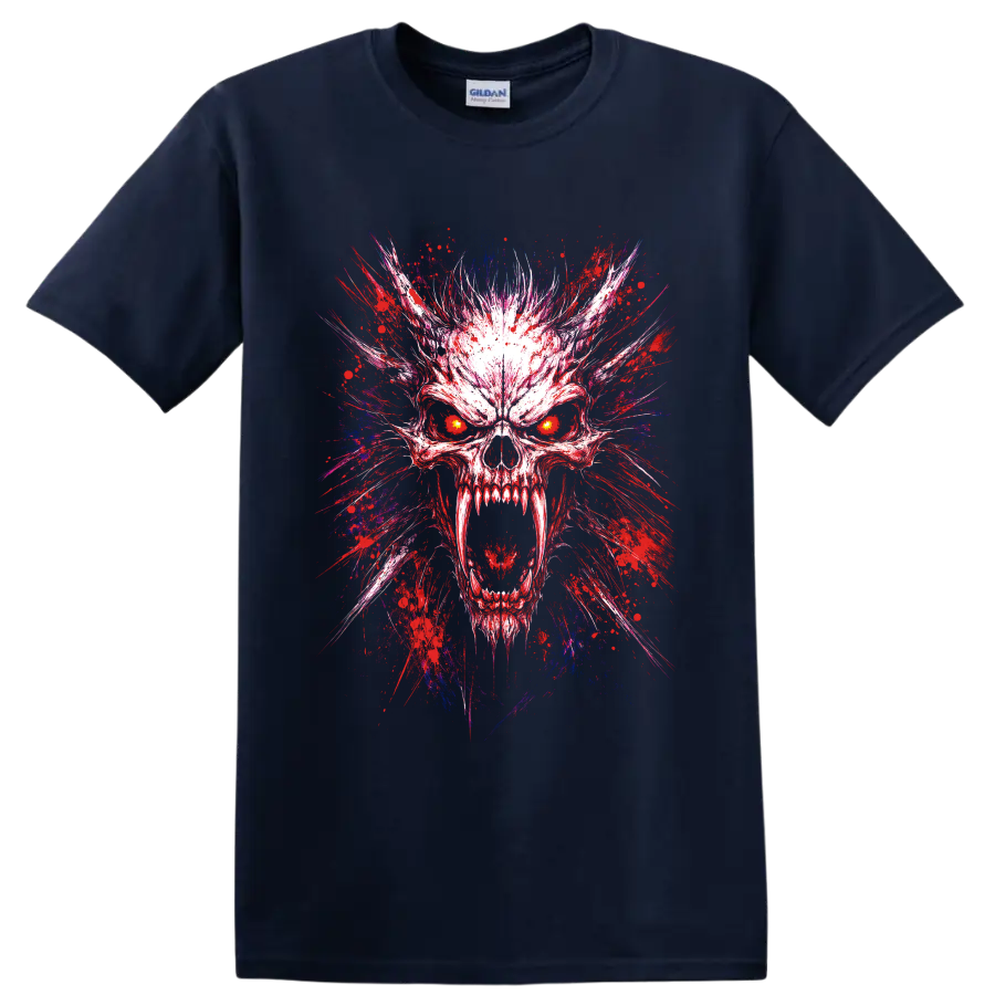 Demon skull illustration with glowing eyes and red, blue, and purple paint splatter on a Navy (Blue) T Shirt