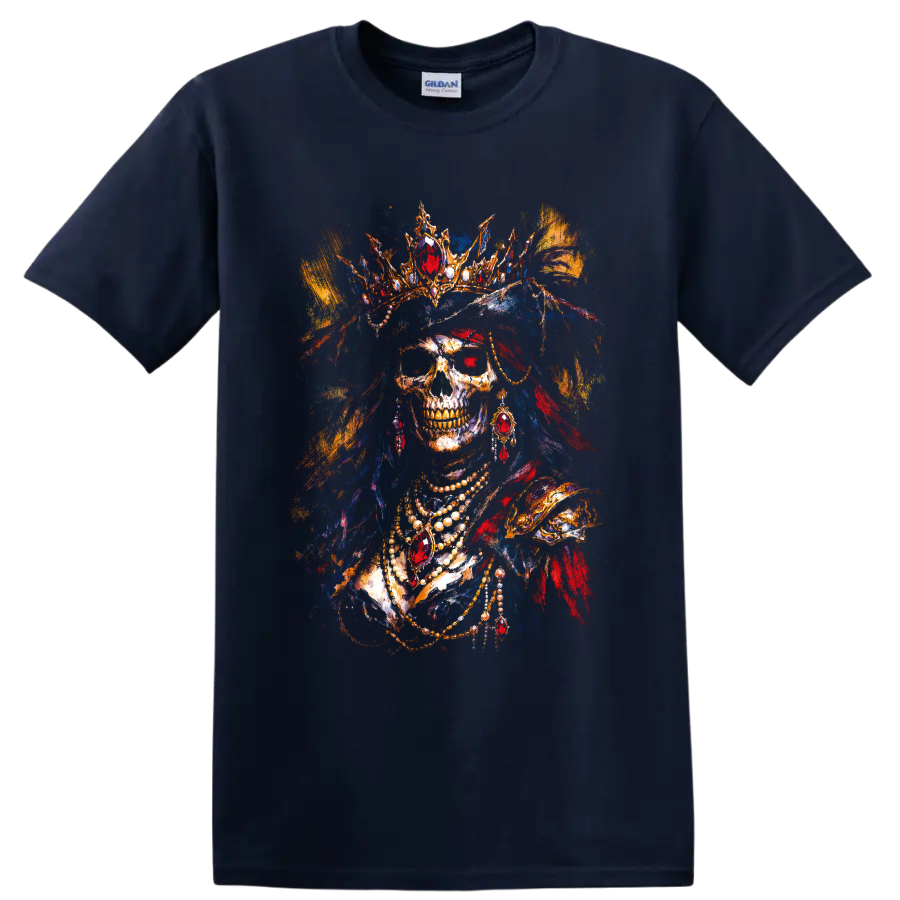 Gothic pirate queen skull portrait with jeweled crown, feathers, and necklaces on a Navy (Blue) T Shirt