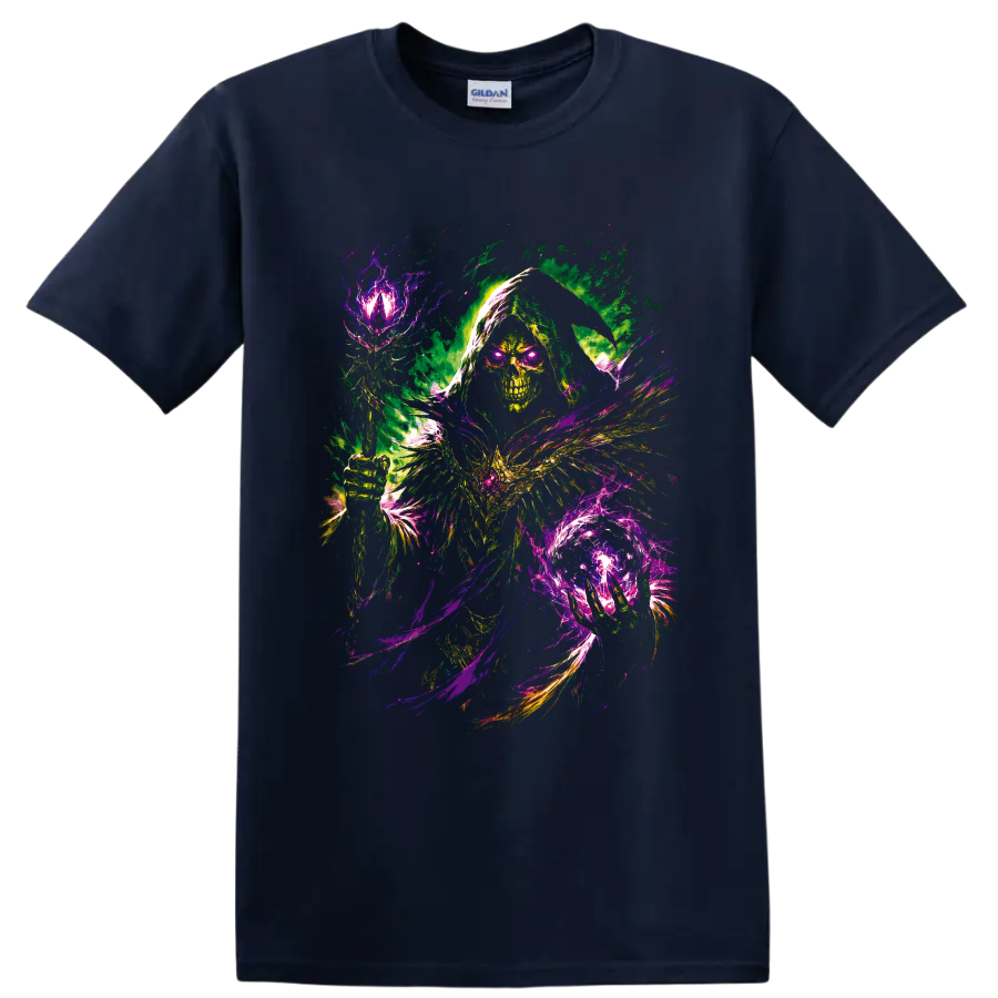 Neon Grim Reaper skull with glowing eyes and psychedelic magical energy on a Navy (Blue) T Shirt