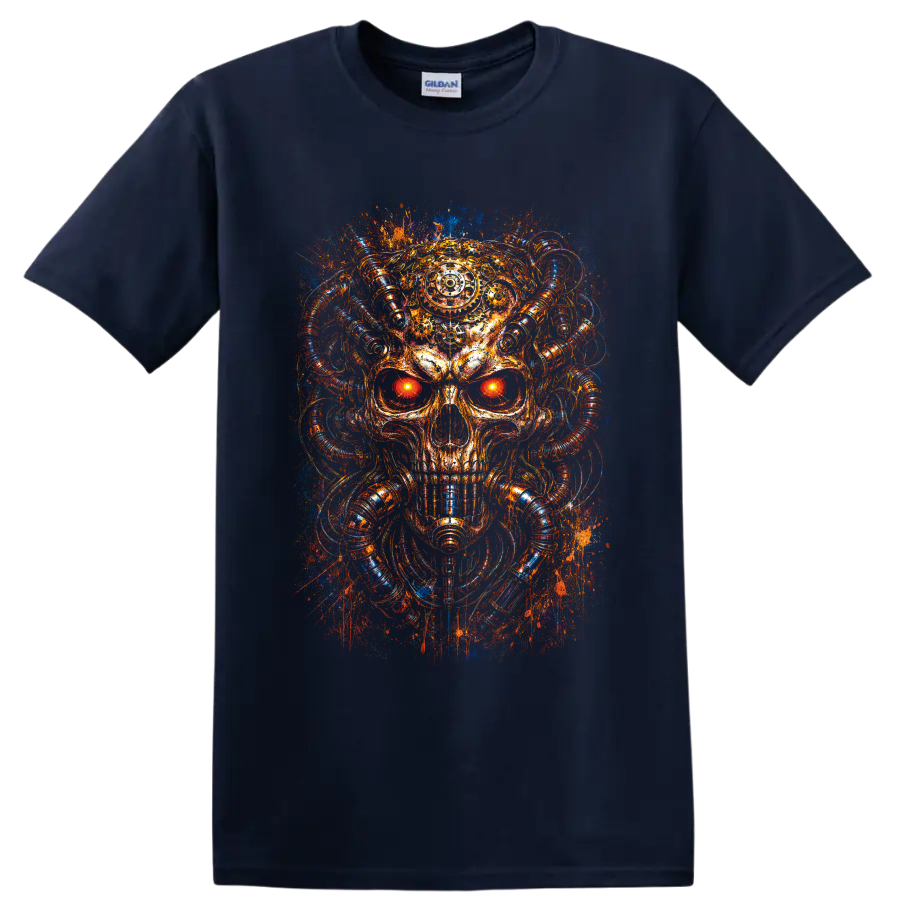 Cyberpunk mechanical skull with glowing eyes, tubes, and neon splatter art on a Navy (Blue) T Shirt
