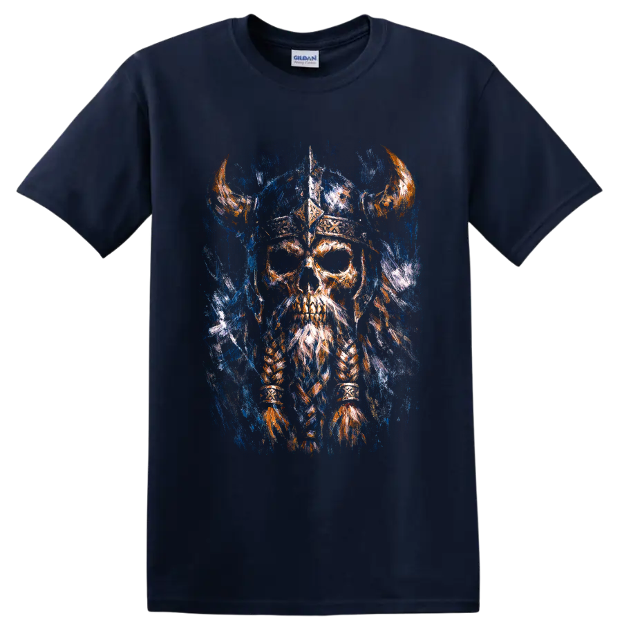 Painterly Viking-inspired skull warrior with horned helmet and braided beard on a Navy (Blue) T Shirt