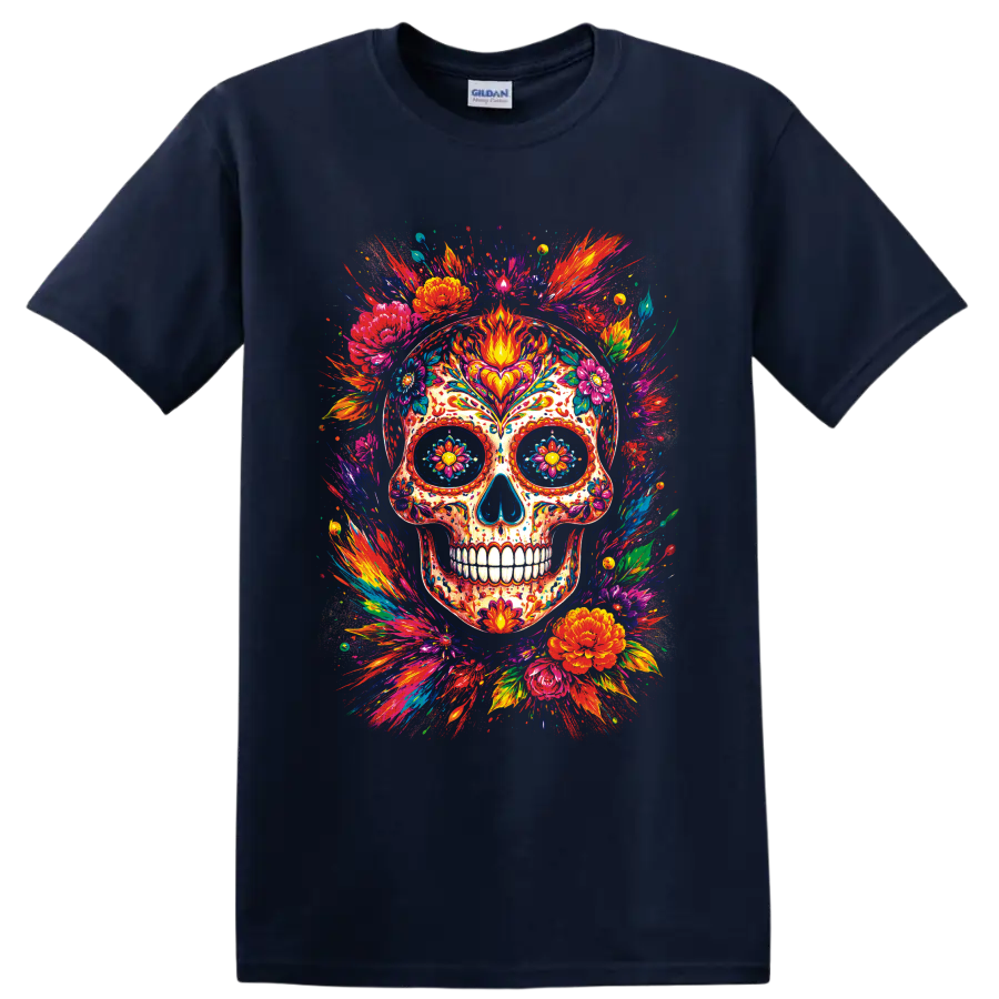 Colorful floral sugar skull illustration with vivid paint splashes and blossoms on a Navy (Blue) T Shirt