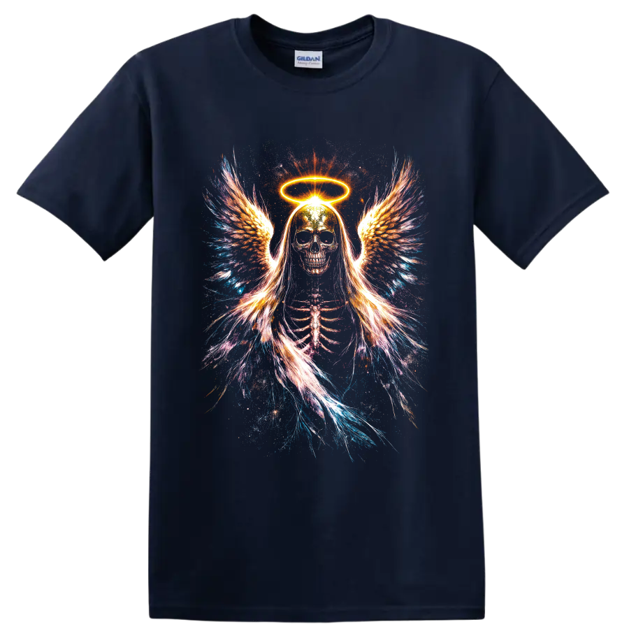Neon angel skeleton with glowing halo, feathered wings, and splatter art on a Navy (Blue) T Shirt