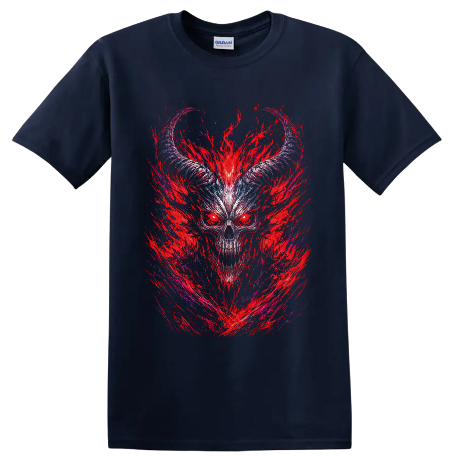 Horned demonic skull with crimson flame strokes and icy blue gothic linework on a Navy (Blue) T Shirt