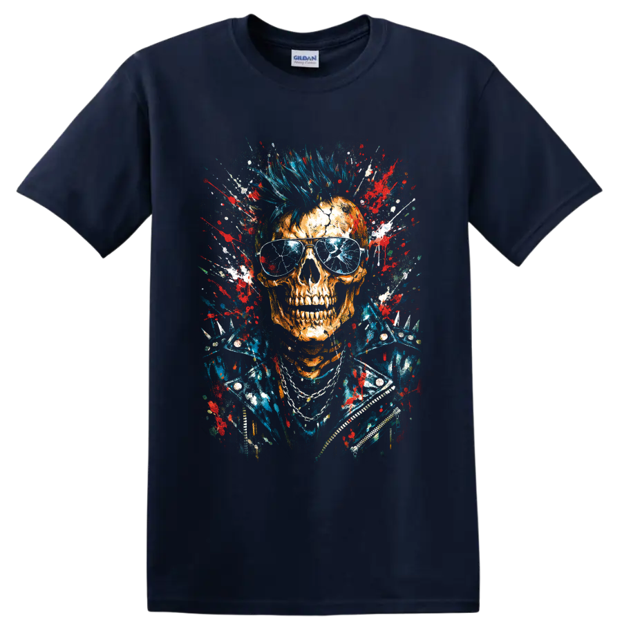 Punk skull with blue mohawk, aviator sunglasses, studded jacket, and paint splatter on a Navy (Blue) T Shirt
