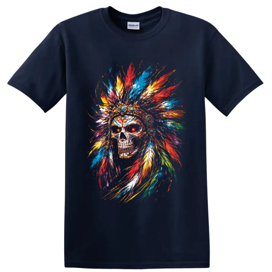 Colorful skull with jeweled feather headdress in vivid painterly splatter art on a Navy (Blue) T Shirt