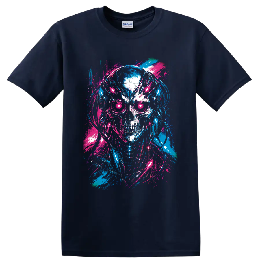 Neon cyberpunk skull wearing headphones in blue and pink distressed paint-splash art on a Navy (Blue) T Shirt