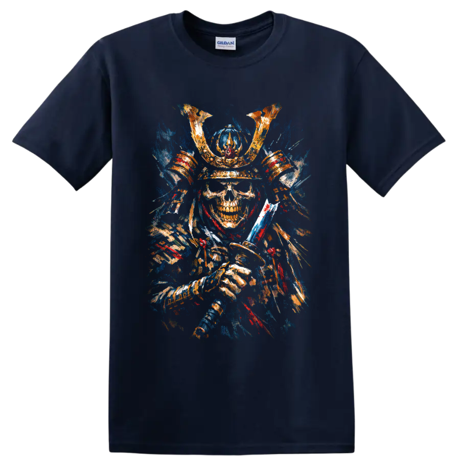 Painterly samurai skeleton in horned armor holding a katana on a Navy (Blue) T Shirt