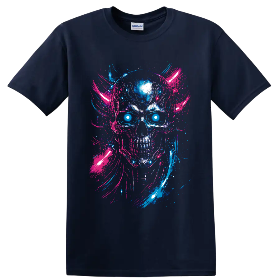 Neon cyberpunk skull with glowing cyan eyes and blue pink paint brushstrokes on a Navy (Blue) T Shirt