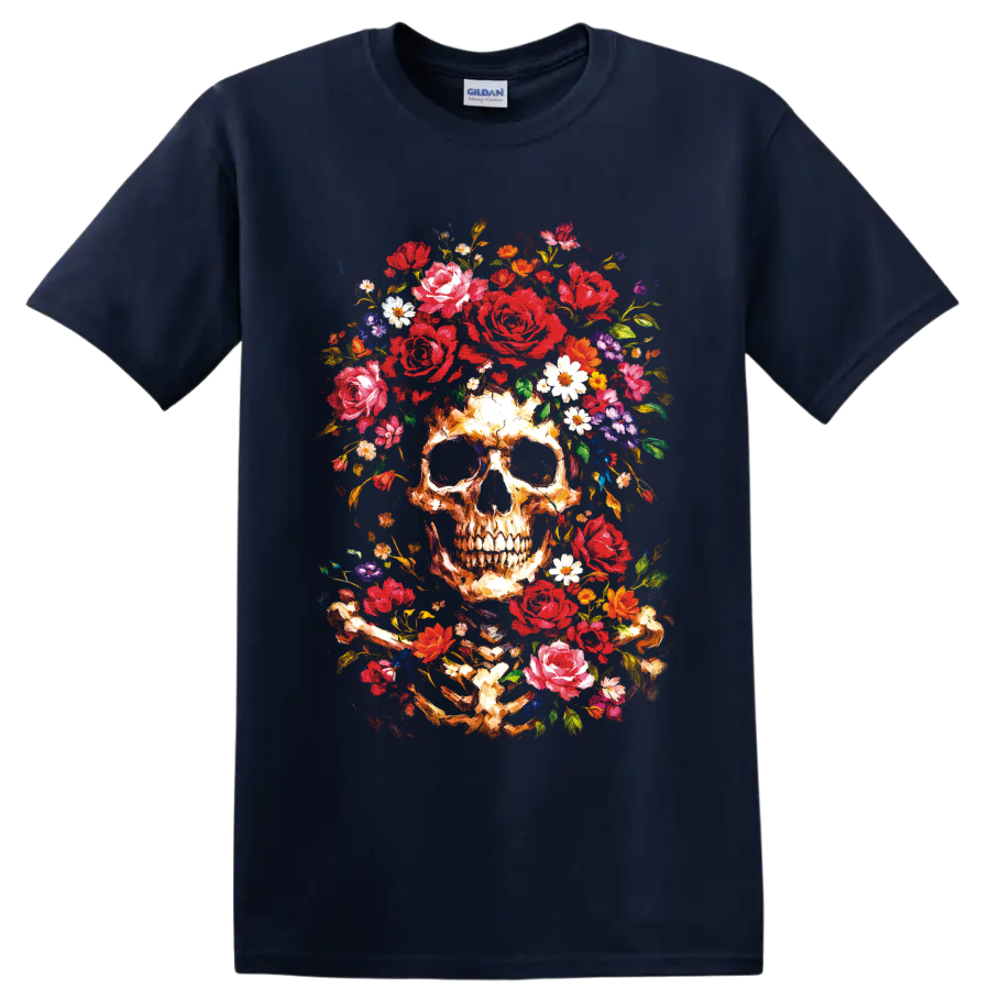Painterly ivory skull surrounded by red roses, colorful wildflowers, and golden stems on a Navy (Blue) T Shirt