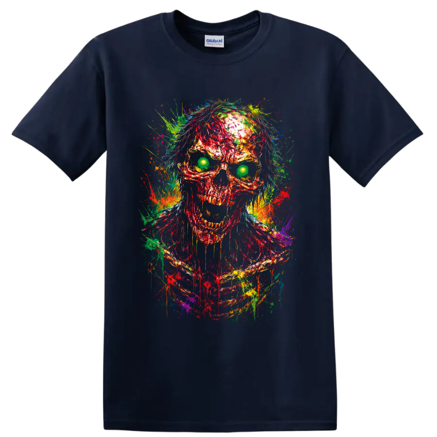 Neon zombie skull illustration with glowing green eyes and multicolor paint splatters on a Navy (Blue) T Shirt