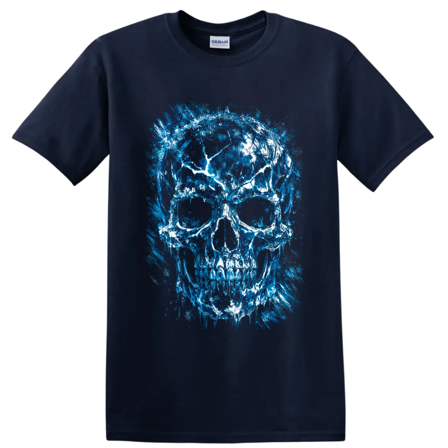 Distressed blue and white skull illustration with painterly grunge splatter texture on a Navy (Blue) T Shirt