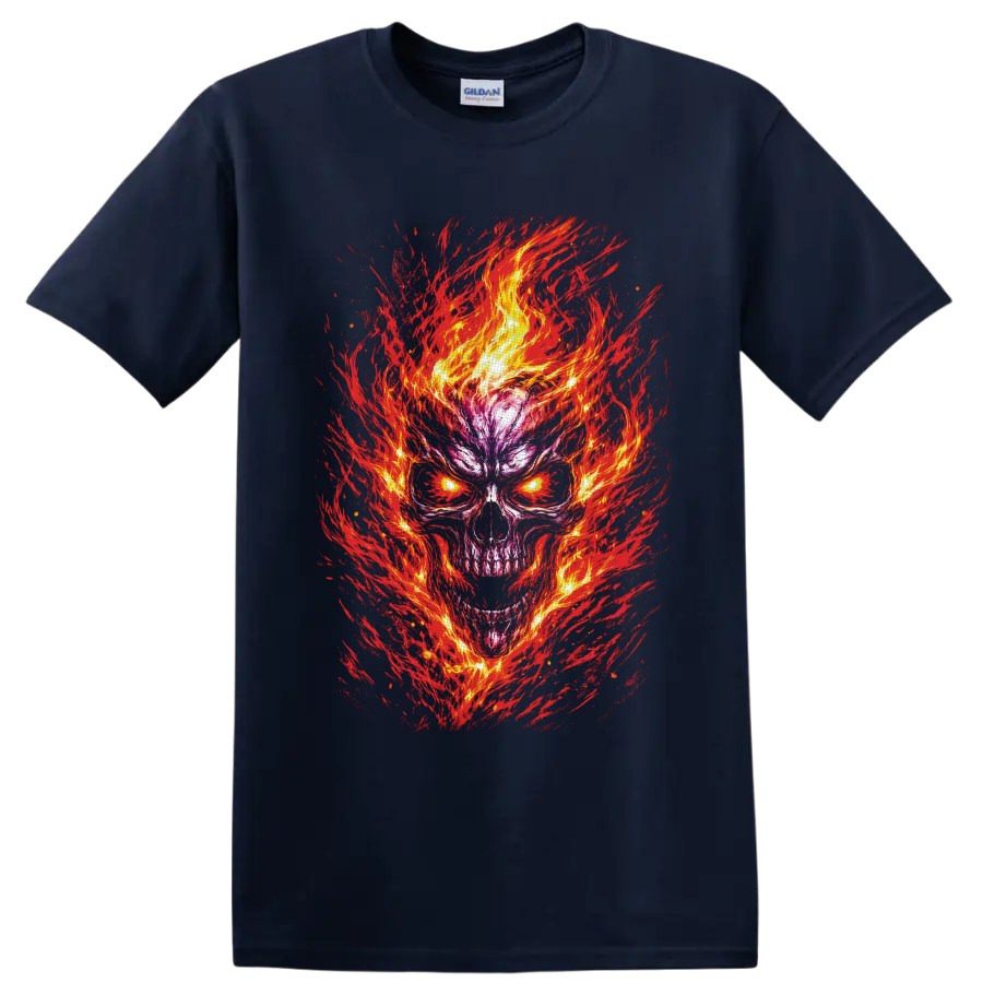 Flaming skull illustration with glowing yellow eyes and fiery red brushstrokes on a Navy (Blue) T Shirt