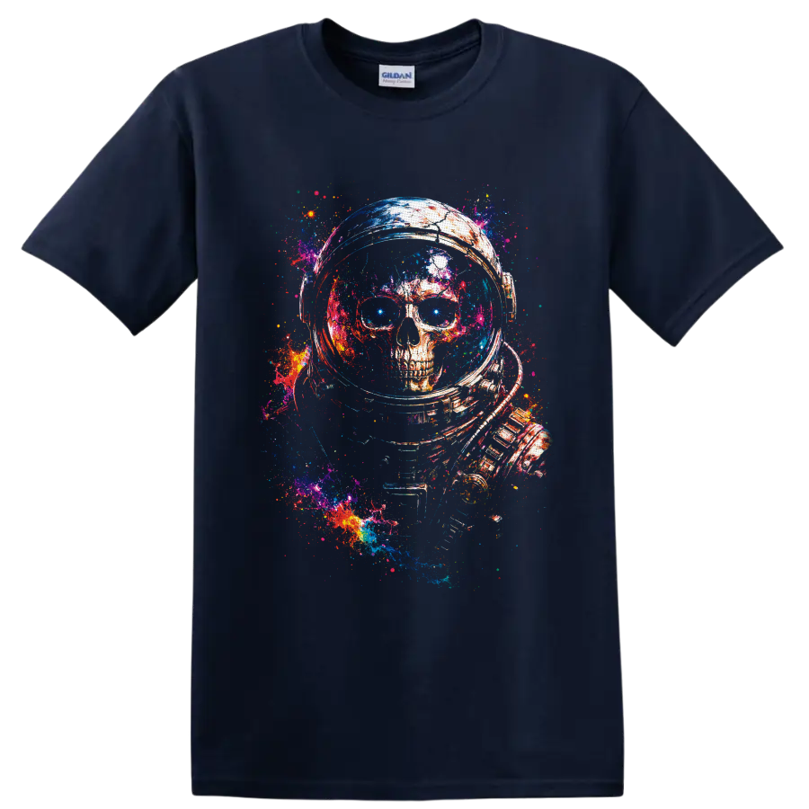 Astronaut skull in a space helmet with vivid galaxy paint-splatter art on a Navy (Blue) T Shirt