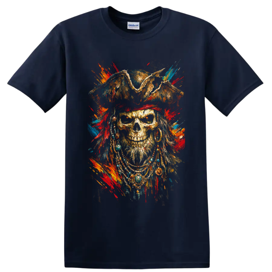 Gothic pirate skull in a weathered hat with colorful distressed paint splatters on a Navy (Blue) T Shirt