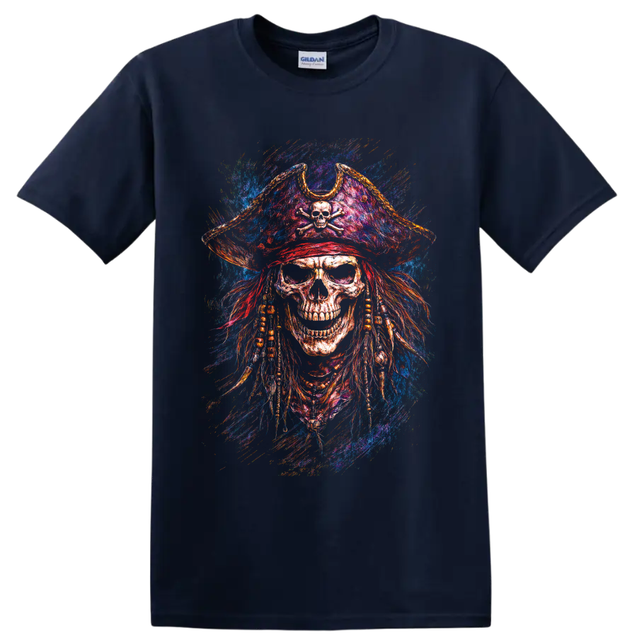 Colorful pirate skull with crossbones tricorn hat and vivid paint-splash gothic art on a Navy (Blue) T Shirt