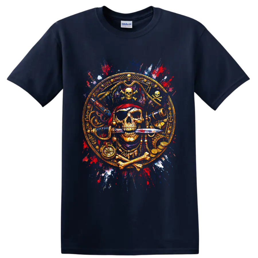 Ornate pirate skull with sword, compass, telescope and treasure in paint-splatter art on a Navy (Blue) T Shirt