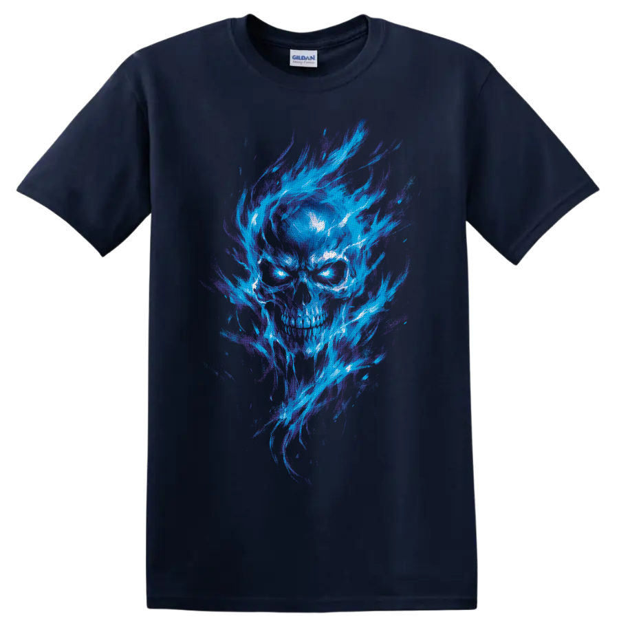 Gothic skull illustration with glowing cyan eyes and sweeping blue-purple flames on a Navy (Blue) T Shirt