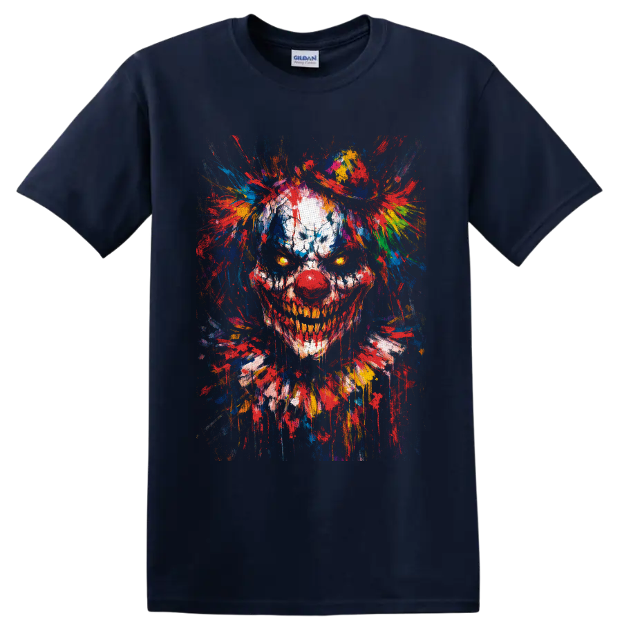 Skull clown portrait with glowing eyes and vivid multicolor paint splatters on a Navy (Blue) T Shirt